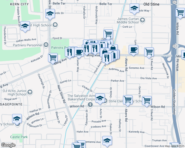 map of restaurants, bars, coffee shops, grocery stores, and more near 4701 Summertree Lane in Bakersfield