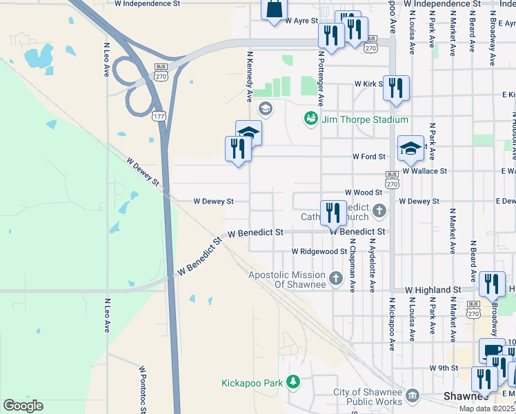 map of restaurants, bars, coffee shops, grocery stores, and more near 704 North Kennedy Avenue in Shawnee