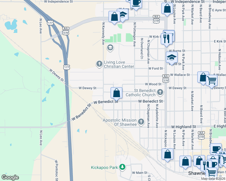 map of restaurants, bars, coffee shops, grocery stores, and more near 1100 West Dewey Street in Shawnee