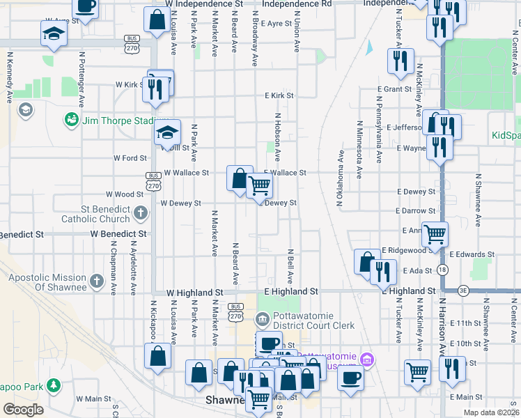 map of restaurants, bars, coffee shops, grocery stores, and more near 655 North Broadway Avenue in Shawnee