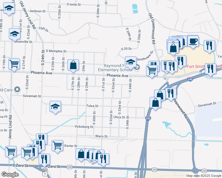 map of restaurants, bars, coffee shops, grocery stores, and more near 4808 South 32nd Street in Fort Smith