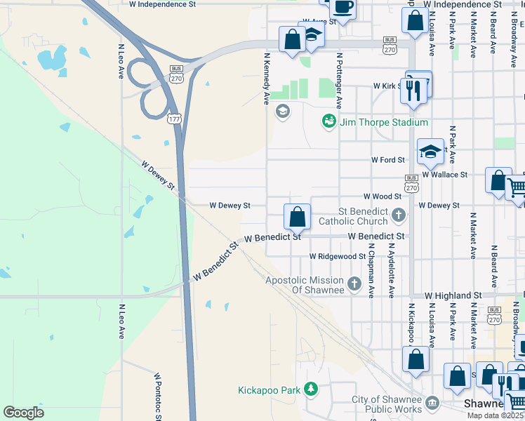 map of restaurants, bars, coffee shops, grocery stores, and more near 704 North Kennedy Avenue in Shawnee