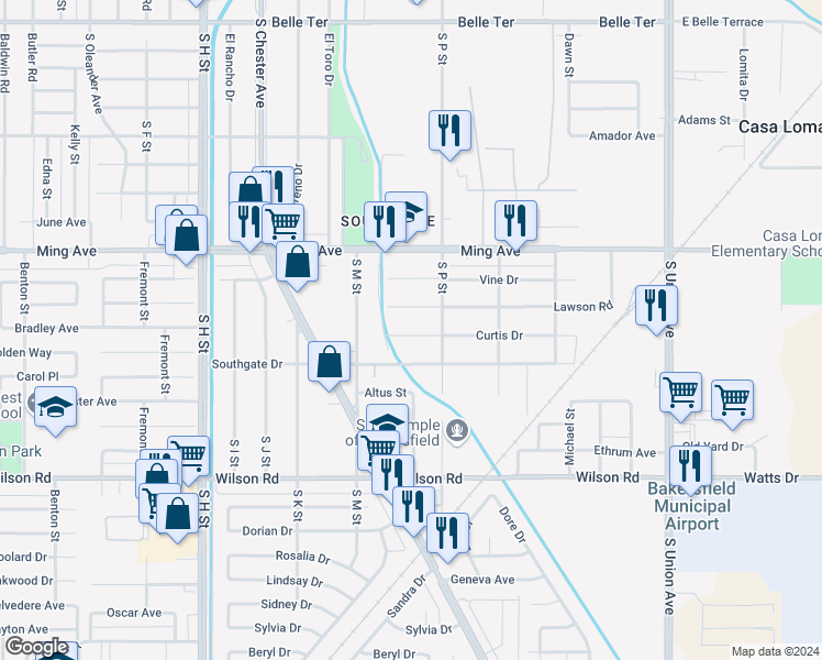 map of restaurants, bars, coffee shops, grocery stores, and more near 1000 Curtis Drive in Bakersfield