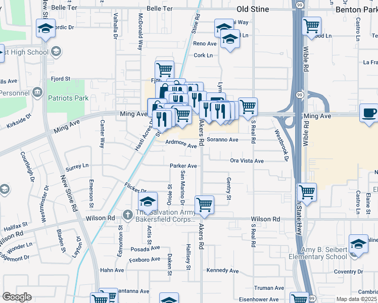 map of restaurants, bars, coffee shops, grocery stores, and more near 4125 Ardmore Avenue in Bakersfield