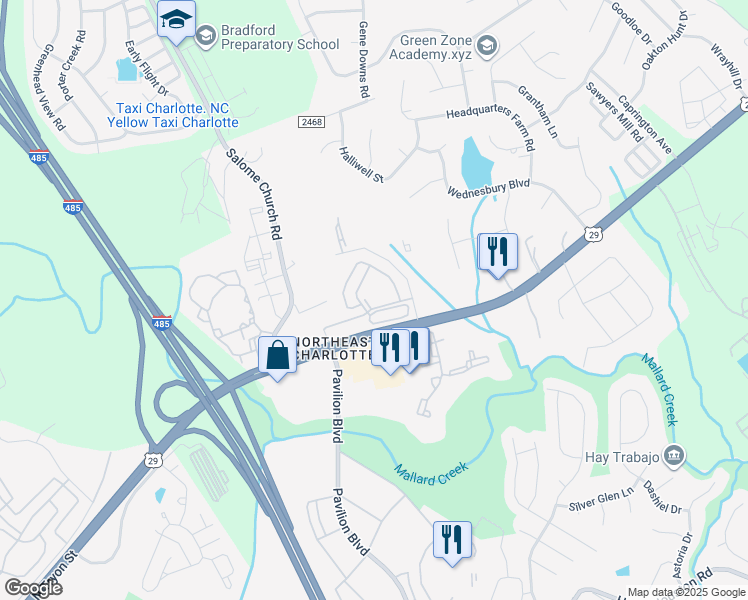 map of restaurants, bars, coffee shops, grocery stores, and more near 215 Mossburn Road in Charlotte