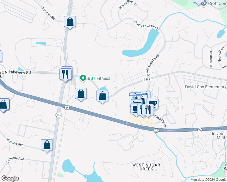 map of restaurants, bars, coffee shops, grocery stores, and more near 5305 Harris Cove Drive in Charlotte