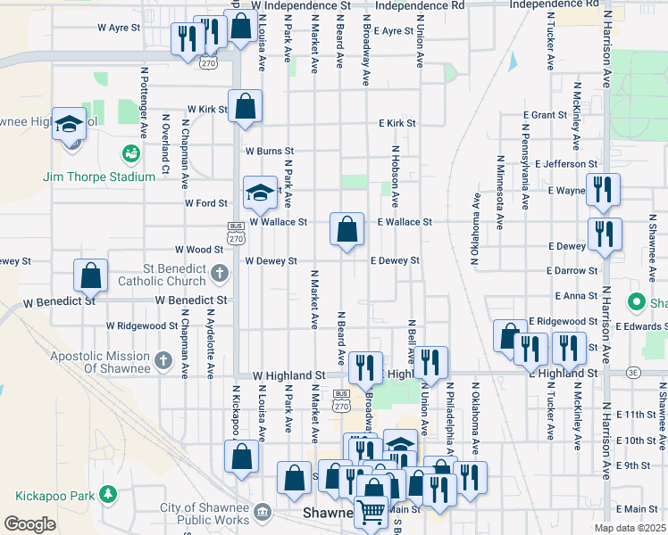 map of restaurants, bars, coffee shops, grocery stores, and more near 671 North Market Avenue in Shawnee