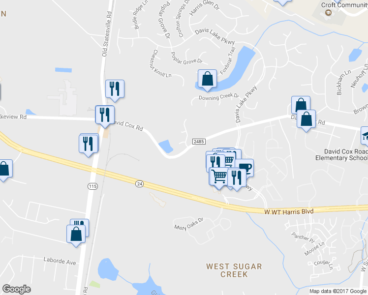 map of restaurants, bars, coffee shops, grocery stores, and more near 5305 Harris Cove Drive in Charlotte