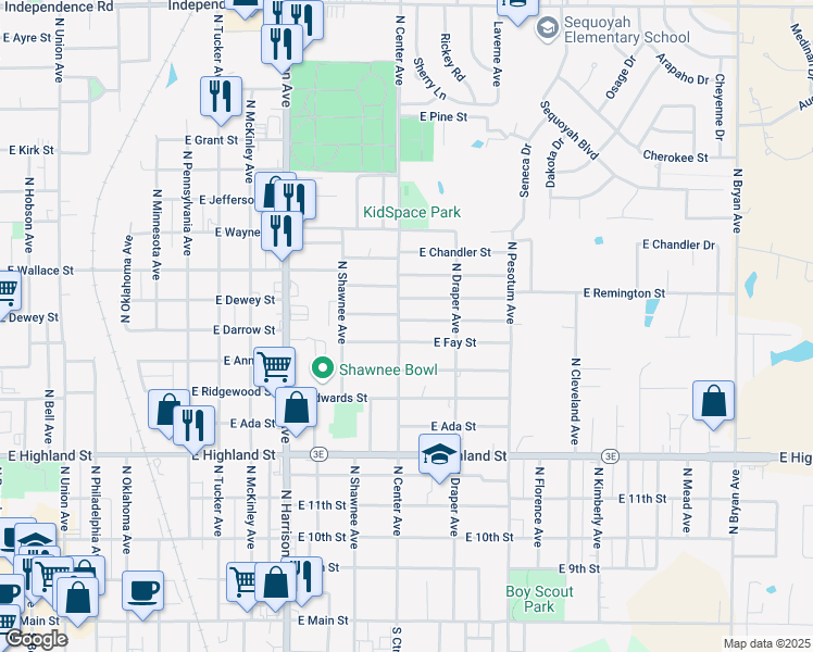 map of restaurants, bars, coffee shops, grocery stores, and more near 811 North Center Avenue in Shawnee