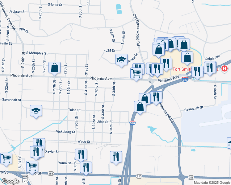 map of restaurants, bars, coffee shops, grocery stores, and more near 4811 South 34th Street in Fort Smith