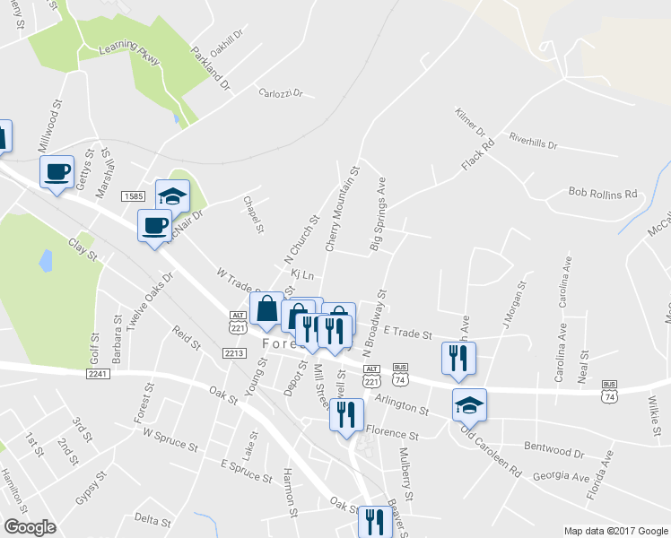 map of restaurants, bars, coffee shops, grocery stores, and more near 218 Cherry Mountain Street in Forest City