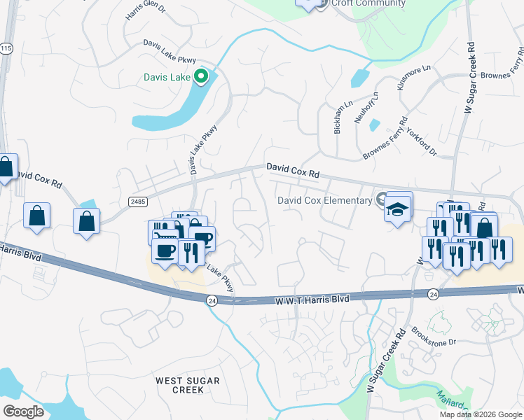 map of restaurants, bars, coffee shops, grocery stores, and more near 8421 Cleve Brown Road in Charlotte