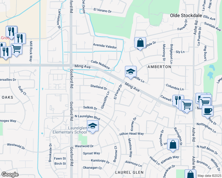 map of restaurants, bars, coffee shops, grocery stores, and more near 1925 Glenbarr Court in Bakersfield