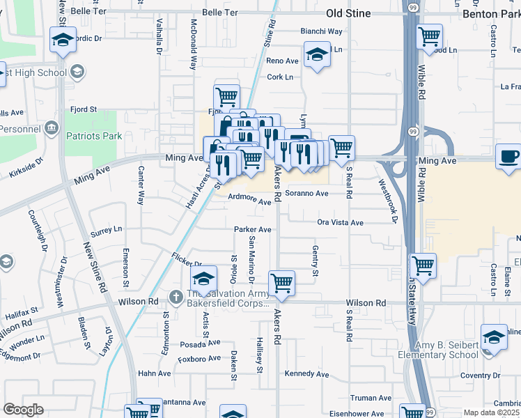 map of restaurants, bars, coffee shops, grocery stores, and more near 4125 Ardmore Avenue in Bakersfield