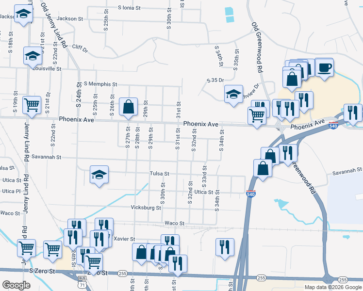 map of restaurants, bars, coffee shops, grocery stores, and more near 4808 South 32nd Street in Fort Smith