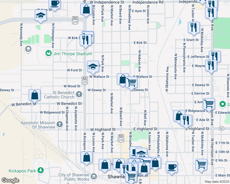map of restaurants, bars, coffee shops, grocery stores, and more near 671 North Market Avenue in Shawnee