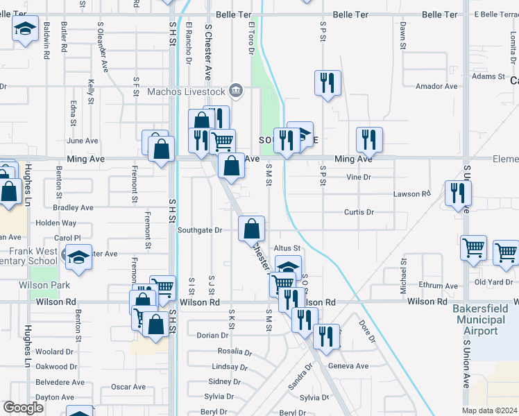 map of restaurants, bars, coffee shops, grocery stores, and more near in Bakersfield