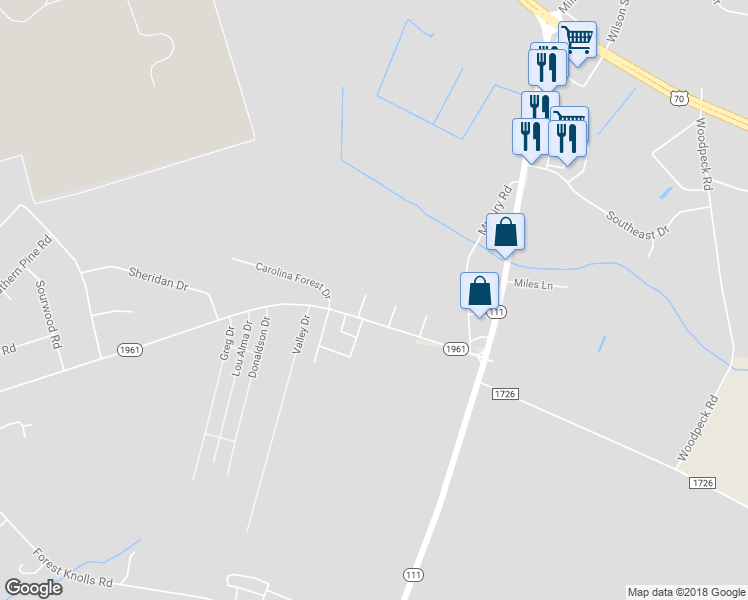 map of restaurants, bars, coffee shops, grocery stores, and more near 103 Amandas Way in Goldsboro