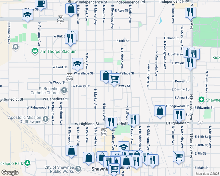 map of restaurants, bars, coffee shops, grocery stores, and more near 11 West Dewey Street in Shawnee