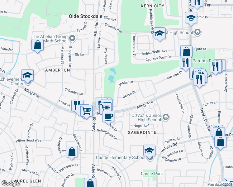 map of restaurants, bars, coffee shops, grocery stores, and more near 6412 Landfair Drive in Bakersfield