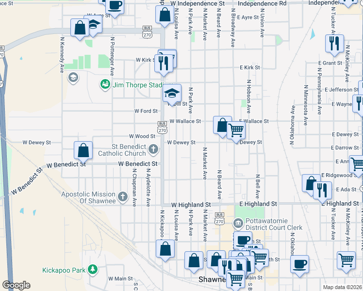map of restaurants, bars, coffee shops, grocery stores, and more near 667 North Louisa Avenue in Shawnee