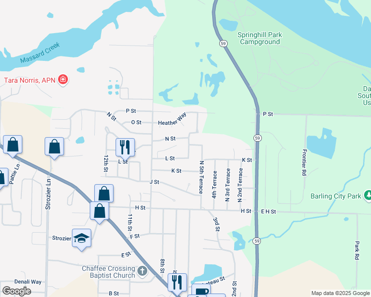 map of restaurants, bars, coffee shops, grocery stores, and more near 1310 6th Terrace in Barling