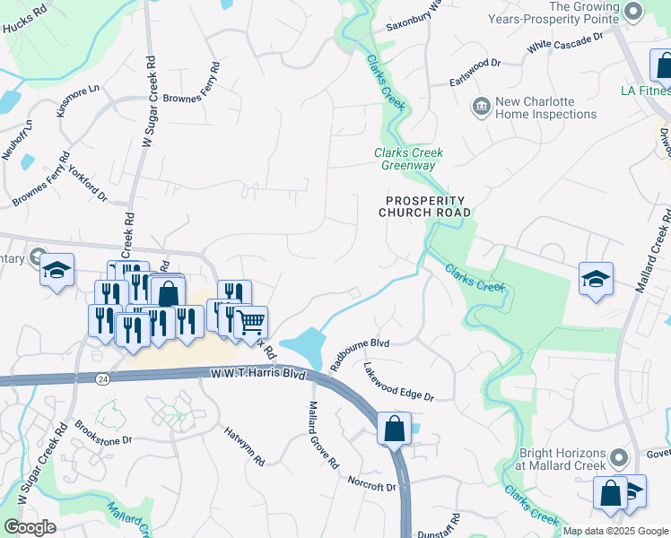 map of restaurants, bars, coffee shops, grocery stores, and more near 12100 Plover Drive in Charlotte