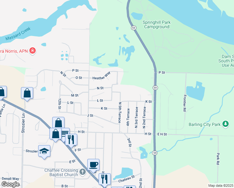 map of restaurants, bars, coffee shops, grocery stores, and more near 1310 6th Terrace in Barling