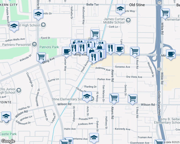 map of restaurants, bars, coffee shops, grocery stores, and more near 1972 Stine Road in Bakersfield