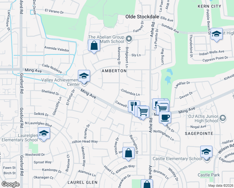 map of restaurants, bars, coffee shops, grocery stores, and more near 1907 Manning Street in Bakersfield