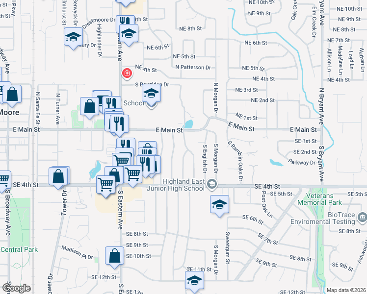map of restaurants, bars, coffee shops, grocery stores, and more near 201 South Bouziden Drive in Moore
