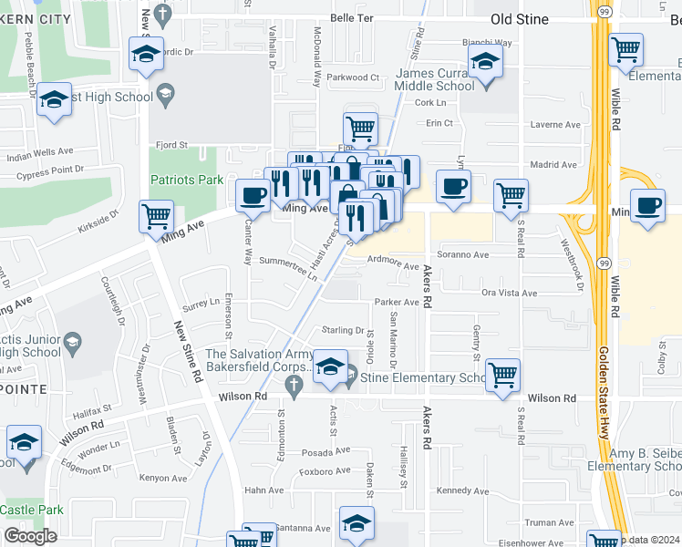 map of restaurants, bars, coffee shops, grocery stores, and more near 1974 Stine Road in Bakersfield
