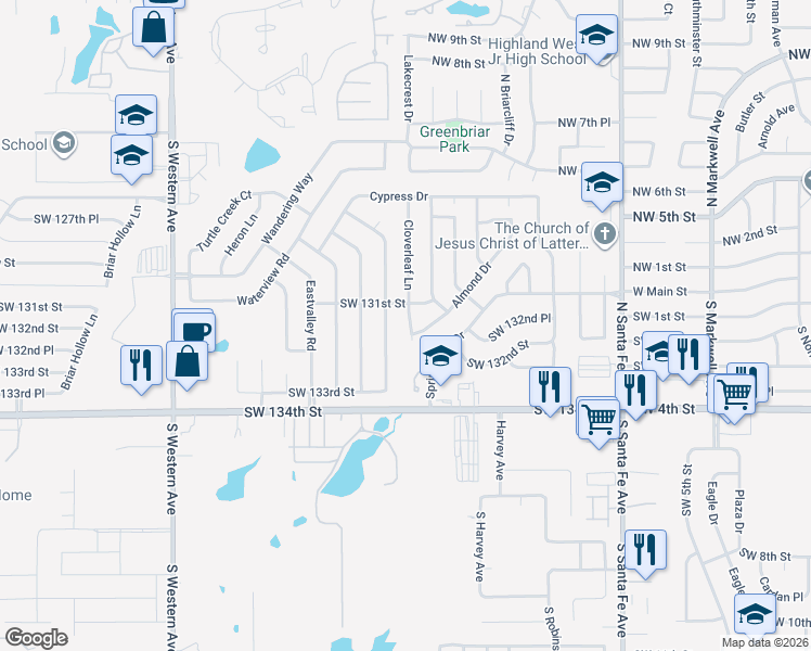 map of restaurants, bars, coffee shops, grocery stores, and more near 13213 Cloverleaf Lane in Oklahoma City