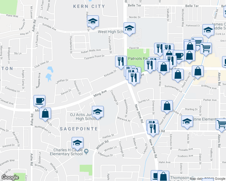 map of restaurants, bars, coffee shops, grocery stores, and more near 5507 Ming Avenue in Bakersfield
