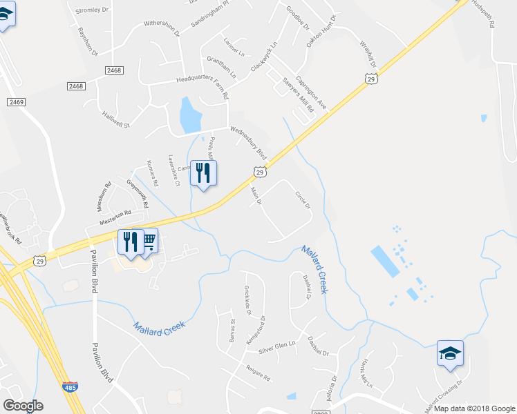 map of restaurants, bars, coffee shops, grocery stores, and more near 13804 Circle Drive in Charlotte