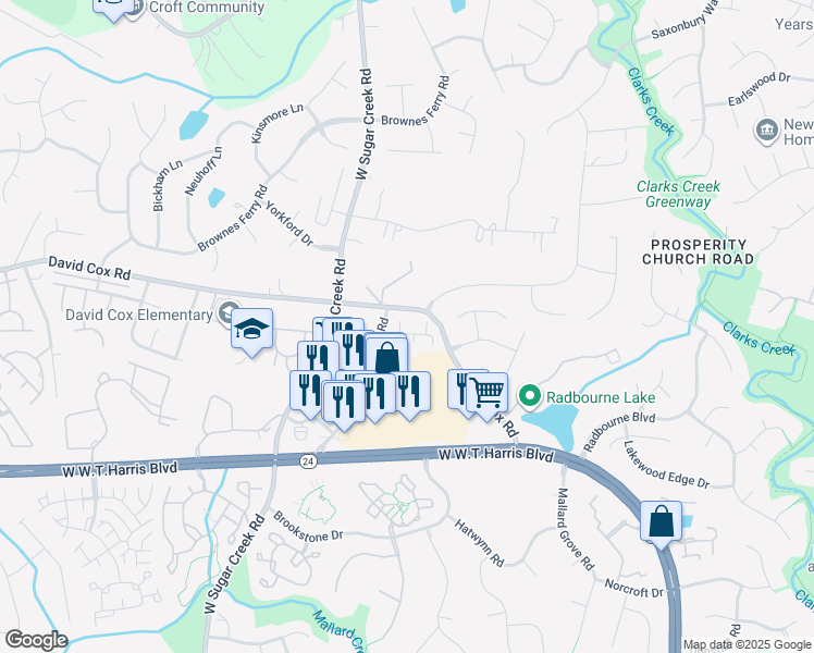 map of restaurants, bars, coffee shops, grocery stores, and more near 3742 Connery Court in Charlotte