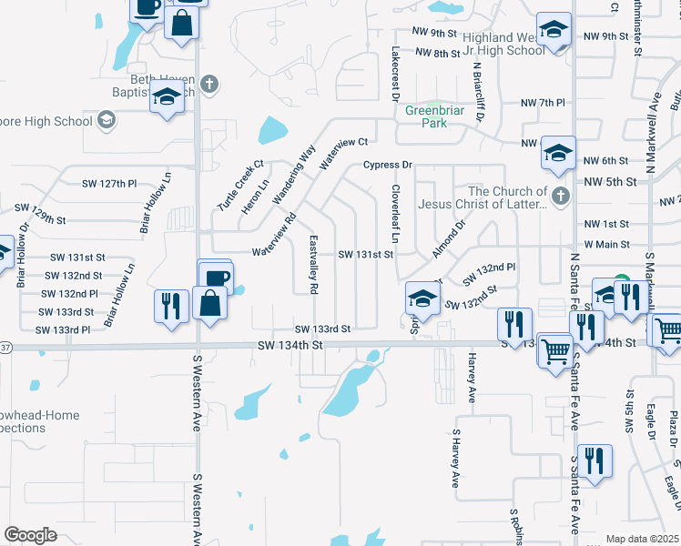 map of restaurants, bars, coffee shops, grocery stores, and more near 13216 Turtle Creek Drive in Oklahoma City