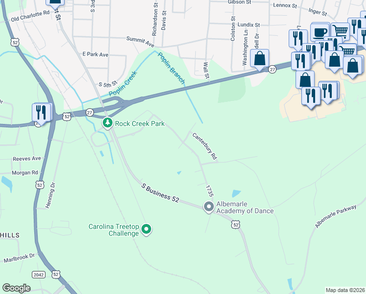 map of restaurants, bars, coffee shops, grocery stores, and more near 1402 Ross Dr in Albemarle