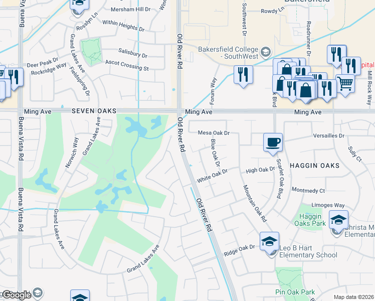 map of restaurants, bars, coffee shops, grocery stores, and more near 1905 Camden Oak Court in Bakersfield