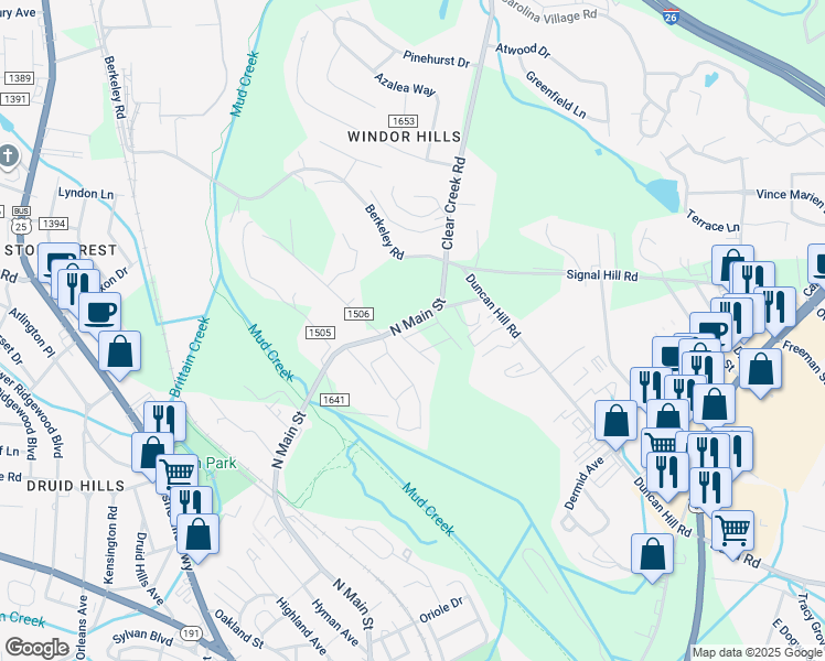 map of restaurants, bars, coffee shops, grocery stores, and more near 1828 North Main Street in Hendersonville