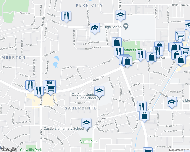 map of restaurants, bars, coffee shops, grocery stores, and more near 5900 Lindbrook Way in Bakersfield