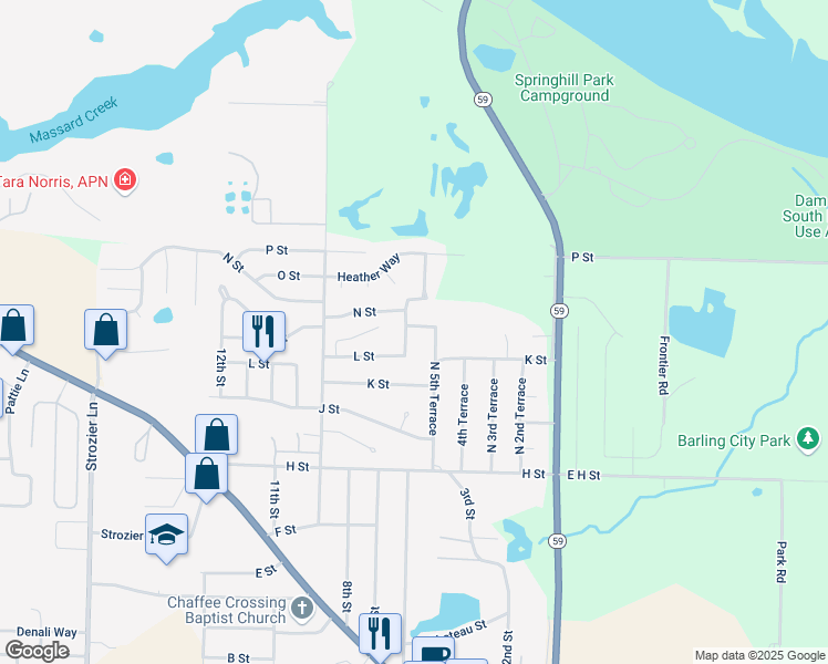 map of restaurants, bars, coffee shops, grocery stores, and more near 1310 6th Terrace in Barling