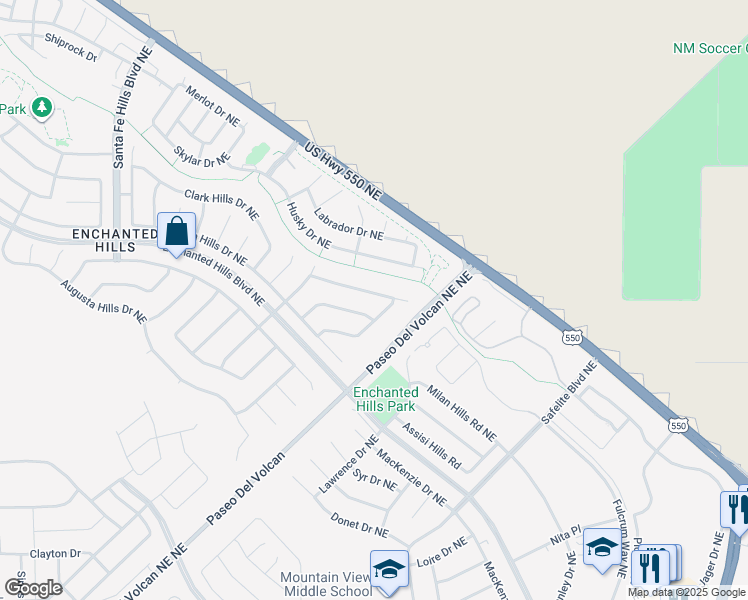 map of restaurants, bars, coffee shops, grocery stores, and more near 7148 Hartford Hills Drive Northeast in Rio Rancho