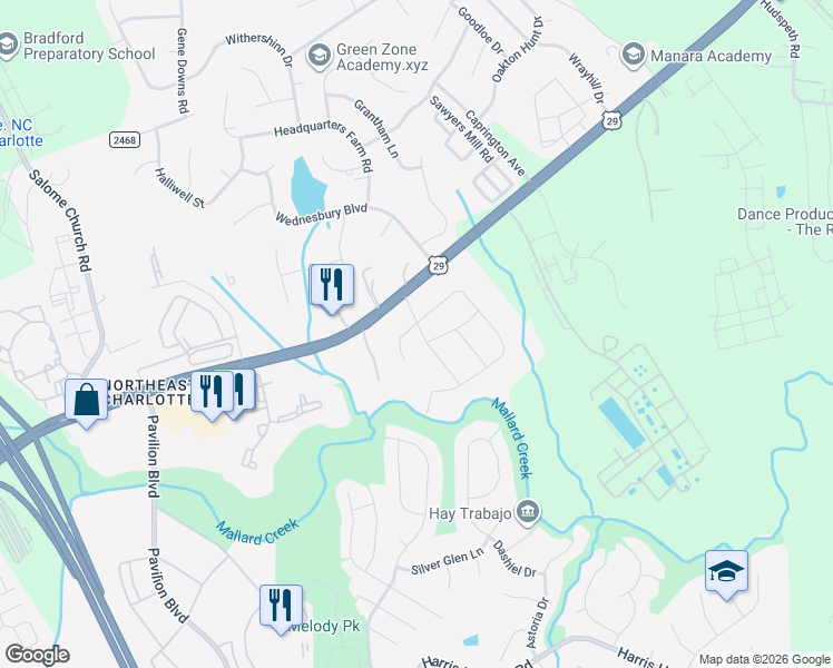map of restaurants, bars, coffee shops, grocery stores, and more near 13804 Circle Drive in Charlotte