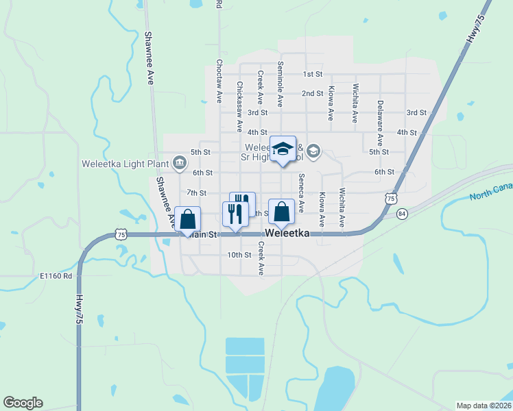 map of restaurants, bars, coffee shops, grocery stores, and more near 715 Creek Avenue in Weleetka