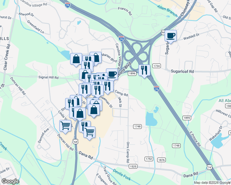 map of restaurants, bars, coffee shops, grocery stores, and more near 125 Orrs Camp Road in Hendersonville