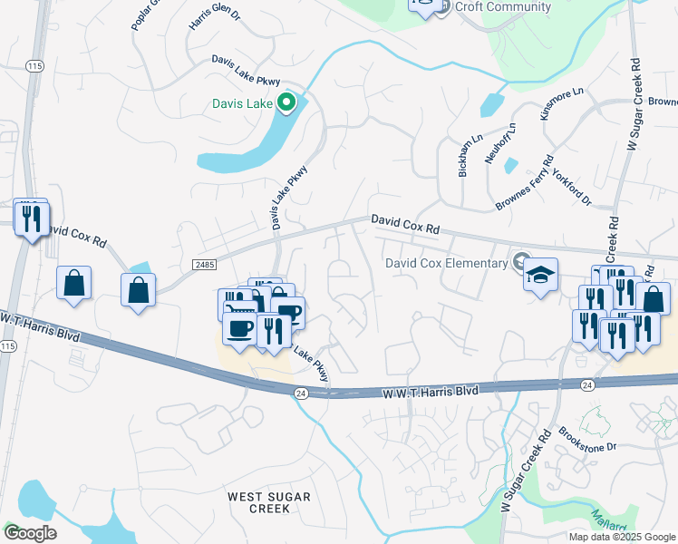 map of restaurants, bars, coffee shops, grocery stores, and more near 6317 Morningview Court in Charlotte
