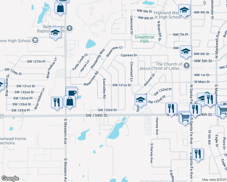 map of restaurants, bars, coffee shops, grocery stores, and more near 13216 Turtle Creek Drive in Oklahoma City