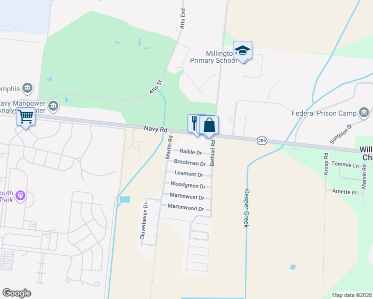 map of restaurants, bars, coffee shops, grocery stores, and more near 6304 Raible Drive in Millington