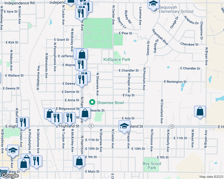 map of restaurants, bars, coffee shops, grocery stores, and more near 811 North Center Avenue in Shawnee